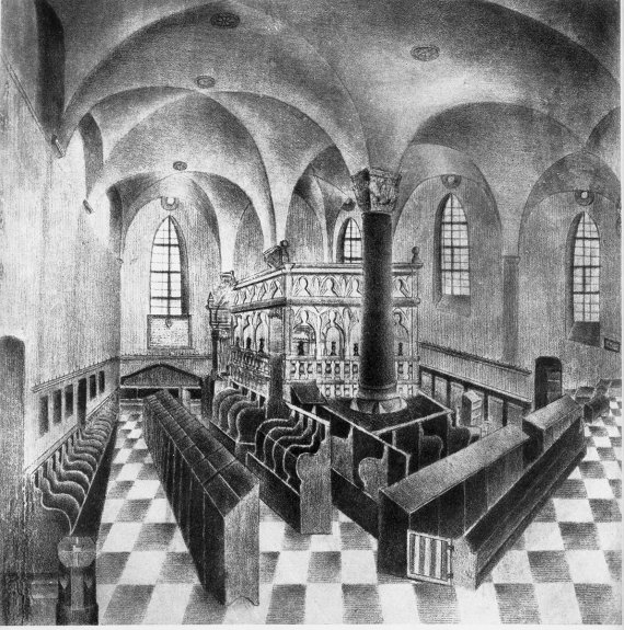 Männerraum der mittelalterlichen Synagoge, nach einer Lithographie von Abraham Neu, um 1840