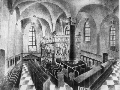Männerraum der mittelalterlichen Synagoge, nach einer Lithographie von Abraham Neu, um 1840